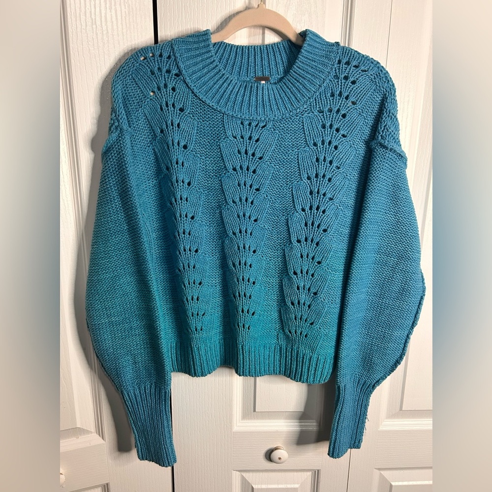 Free People Bell Song Pullover Sweater Womens M Blue Knitted Mock Neck Outdoor